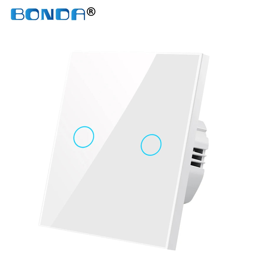 BONDA wall switch, EU standard, white crystal, tempered glass panel, touch switch, wall touch screen, Ac220v, 1 way, wall lamp
