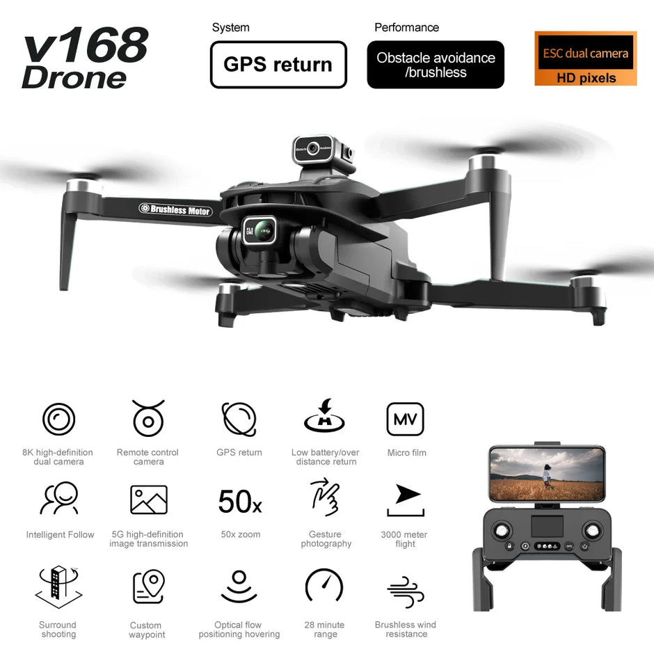 V168 PRO Drone 8K 5G GPS Professional HD Aerial Photography Dual Camera