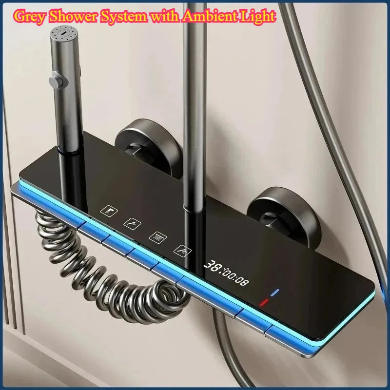 Grey Shower System with Ambient Light - Intelligent Digital Faucet Set with Temperature Display & Rainfall