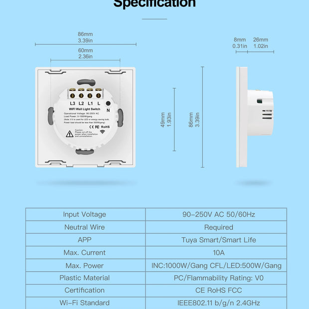 Melery Wifi Smart Light Switch 2/3 Way Tuya Smartlife Glass Touch Sensor