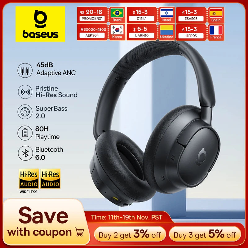 Baseus EH10 NC ANC Wireless Headphones 45dB Adaptive Hybrid Noise Cancelling Headsets