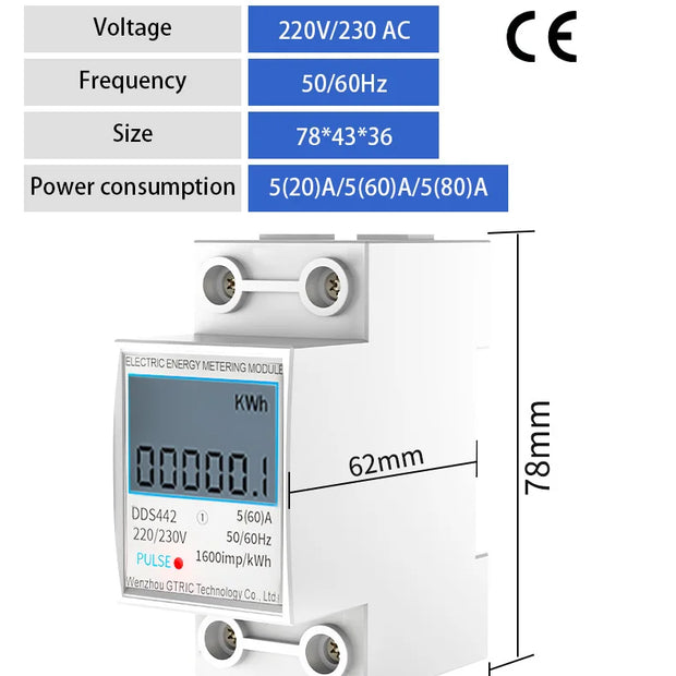 GTRIC Electric Energy Meter 2P Single Phase  LCD Digital Display