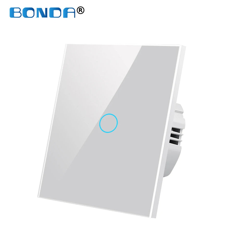BONDA wall switch, EU standard, white crystal, tempered glass panel, touch switch, wall touch screen, Ac220v, 1 way, wall lamp