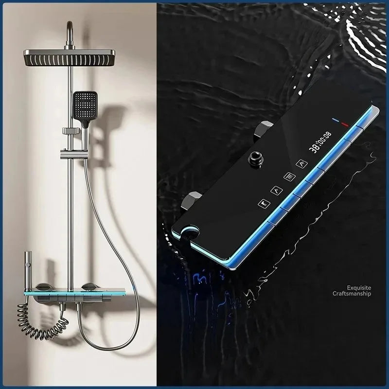 Grey Shower System with Ambient Light - Intelligent Digital Faucet Set with Temperature Display & Rainfall