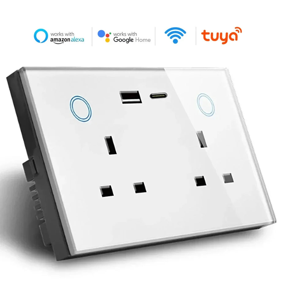 WIFI Smart Tuya Dual Wall Socket UK Electric Plug Outlet Power Monitor USB PD 20W
