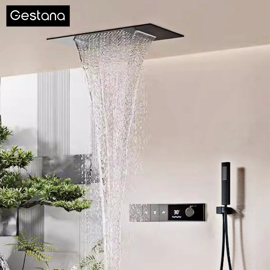 Luxury Brass Gun Grey Thermostatic LED Digital Display 3 Spray Modes Shower System
