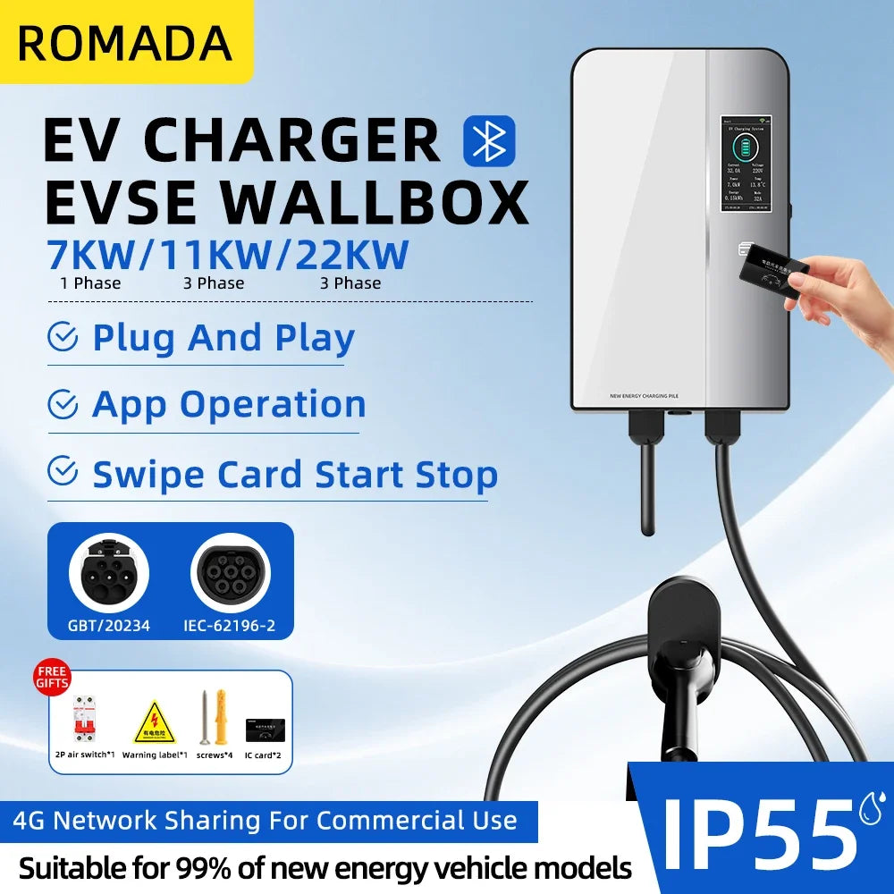 ROMADA 32A 22KW EV Charging Station Wallbox Car Charger