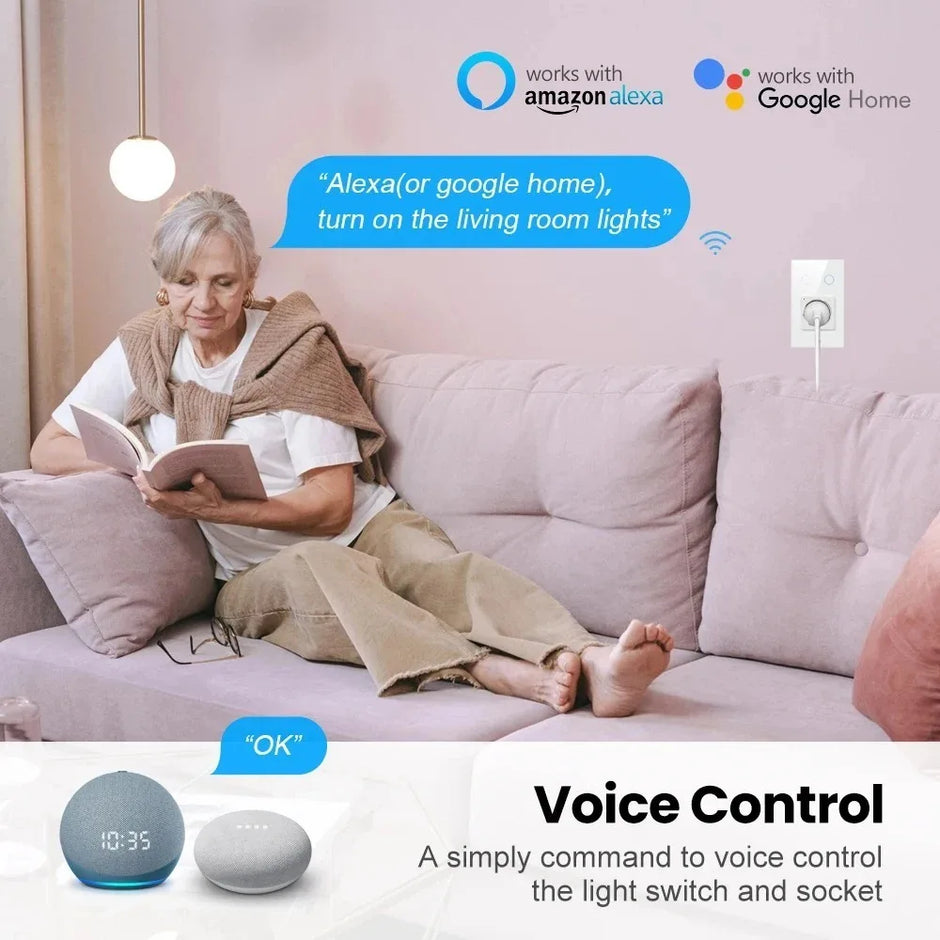 WIFI Smart Tuya Dual Wall Socket UK Electric Plug Outlet Power Monitor USB PD 20W