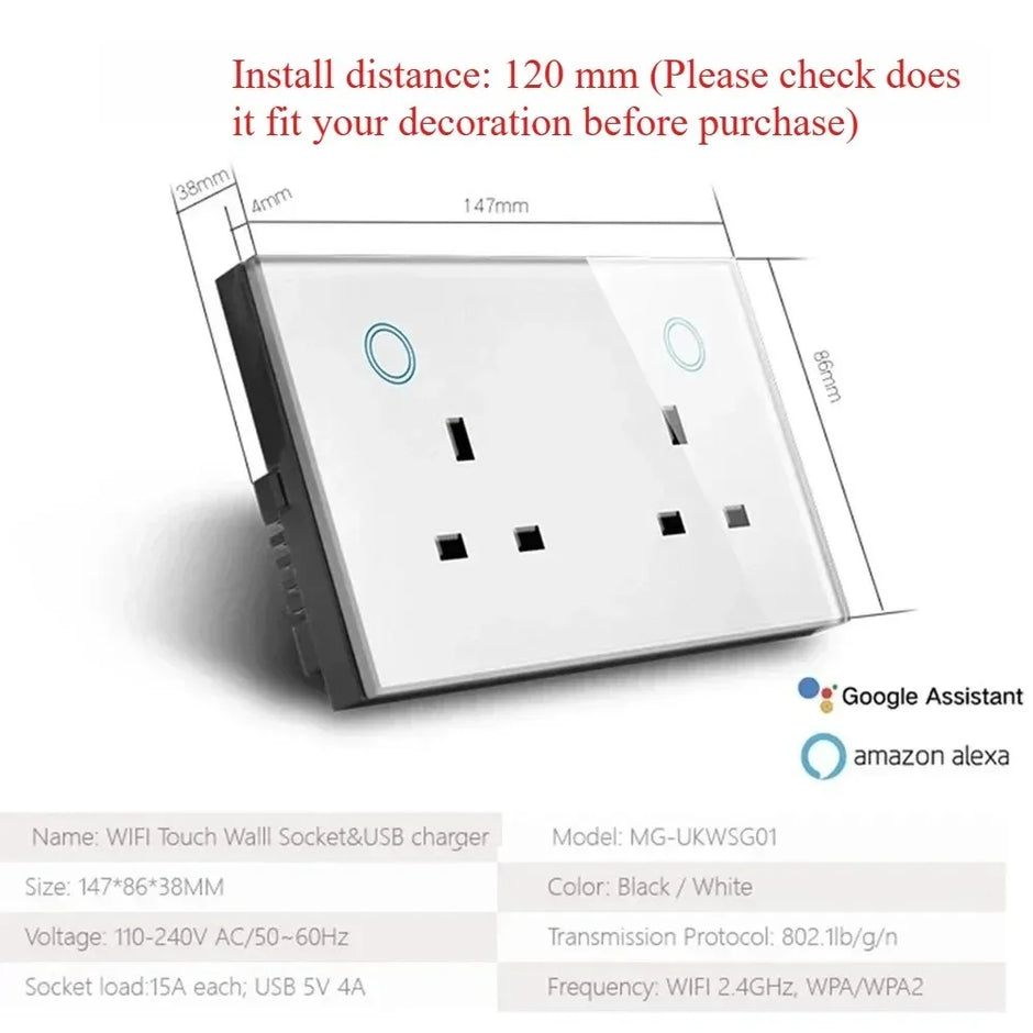 WIFI Smart Tuya Dual Wall Socket UK Electric Plug Outlet Power Monitor USB PD 20W