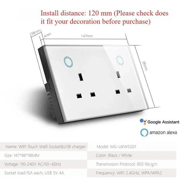 WIFI Smart Tuya Dual Wall Socket UK Electric Plug Outlet Power Monitor USB PD 20W
