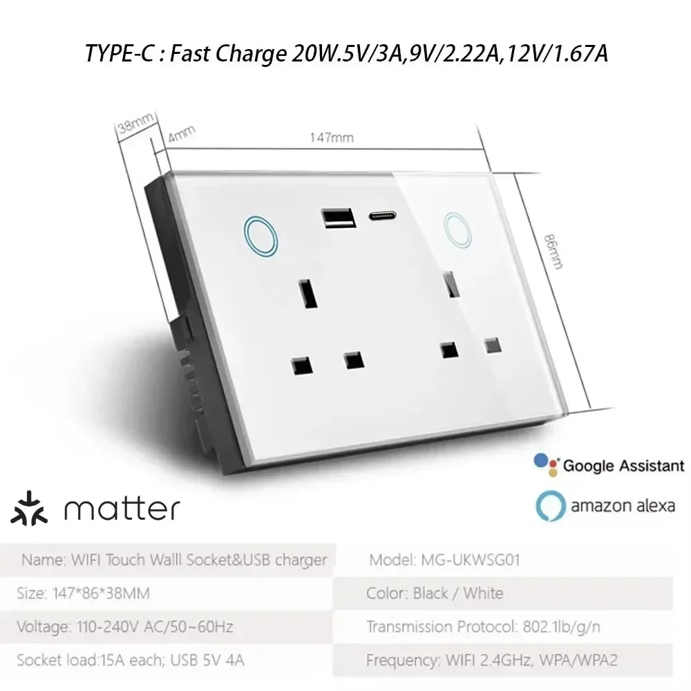 Melery Matter Smart Things Tuya USB Type C PD 20W Wall Socket