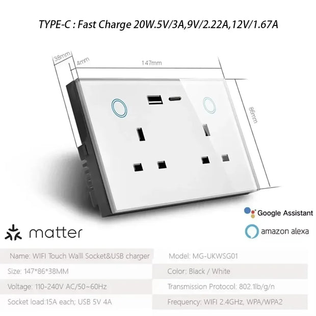 Melery Matter Smart Things Tuya USB Type C PD 20W Wall Socket