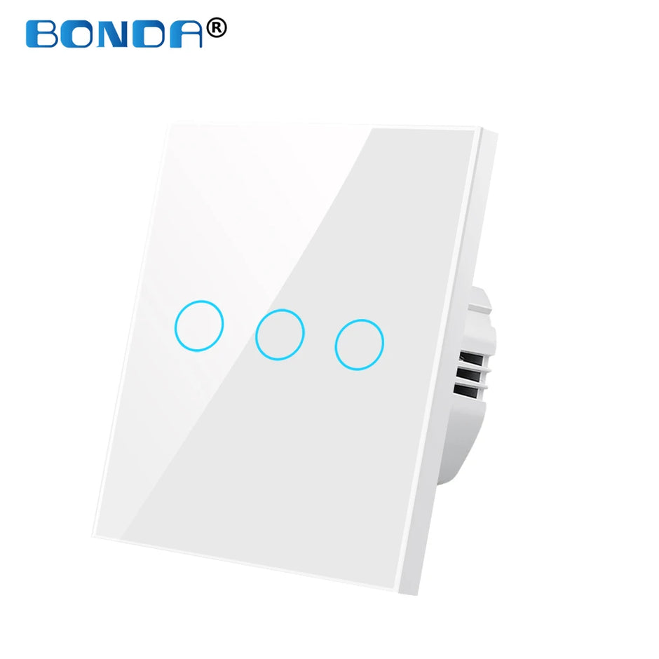 BONDA wall switch, EU standard, white crystal, tempered glass panel, touch switch, wall touch screen, Ac220v, 1 way, wall lamp