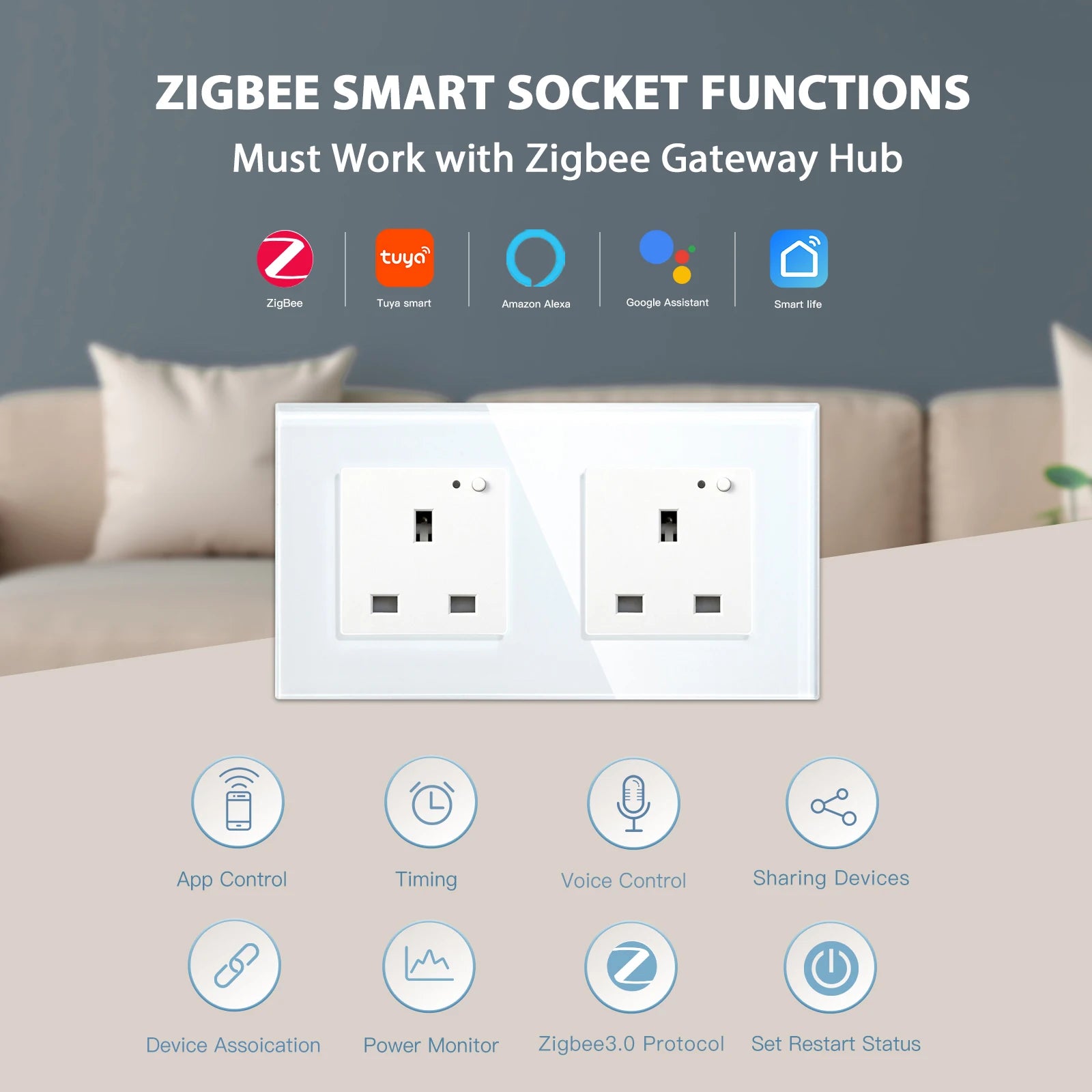 BSEED  Single UK Smart Socket Double Intelligent Wall Sockets Triple Electric Outlets
