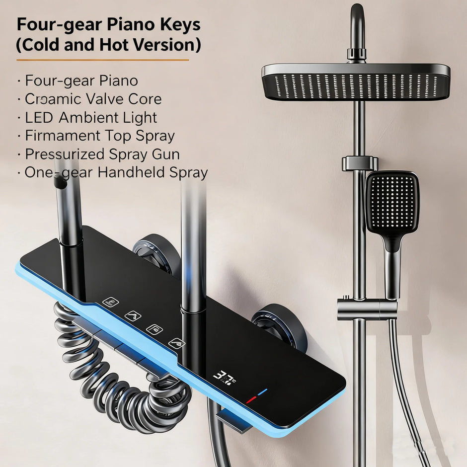Grey Shower System with Ambient Light - Intelligent Digital Faucet Set with Temperature Display & Rainfall