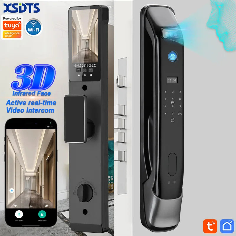 3D Real-time Intercom Face Recognition Digital Door Lock With Camera FIngerprint Password Unlock Keyless Electronic Door Lock