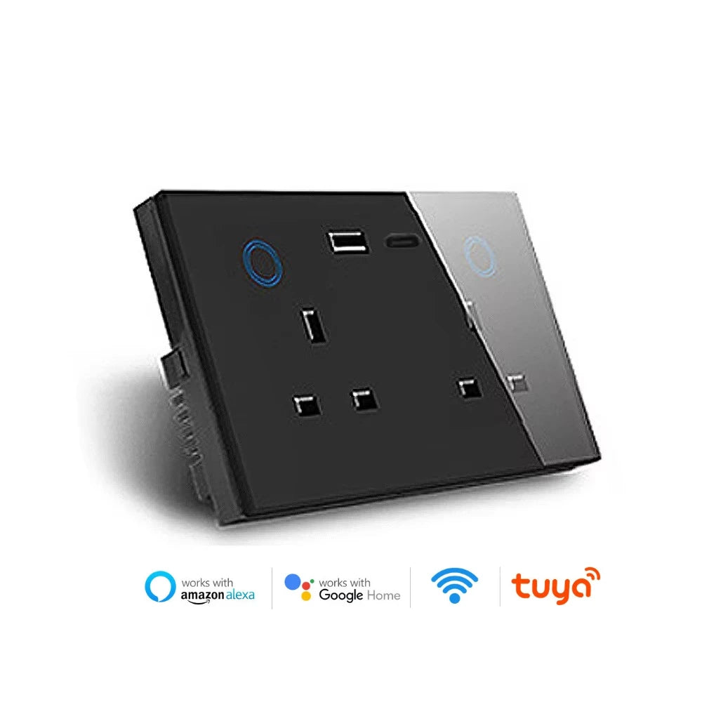 WIFI Smart Tuya Dual Wall Socket UK Electric Plug Outlet Power Monitor USB PD 20W