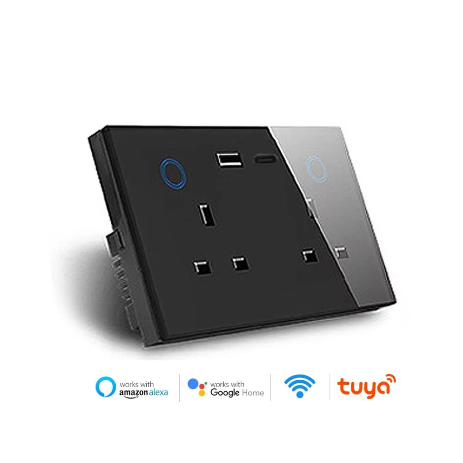 WIFI Smart Tuya Dual Wall Socket UK Electric Plug Outlet Power Monitor USB PD 20W