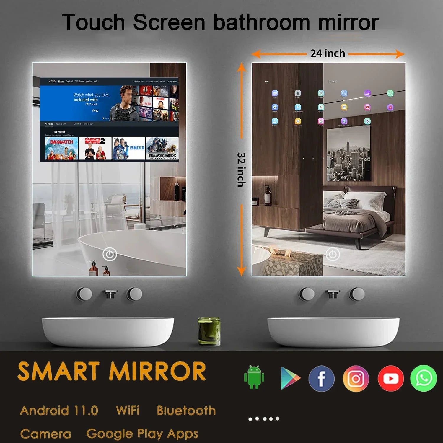 Customized Defogger Rectangle Bathroom Led Light Smart Mirror Tv Touch Screen
