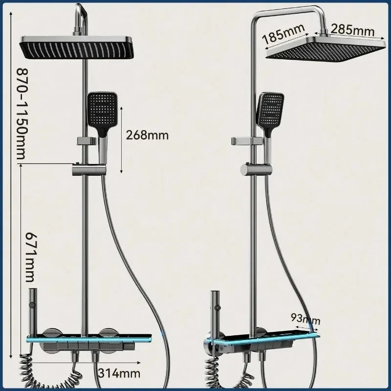 Grey Shower System with Ambient Light - Intelligent Digital Faucet Set with Temperature Display & Rainfall