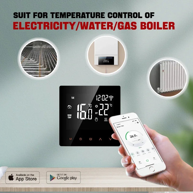 Multi-System Smart Thermostat Controls Electric Floor Heating/Gas Boilers via WiFi, Supports Voice&App Temperature Adjustment