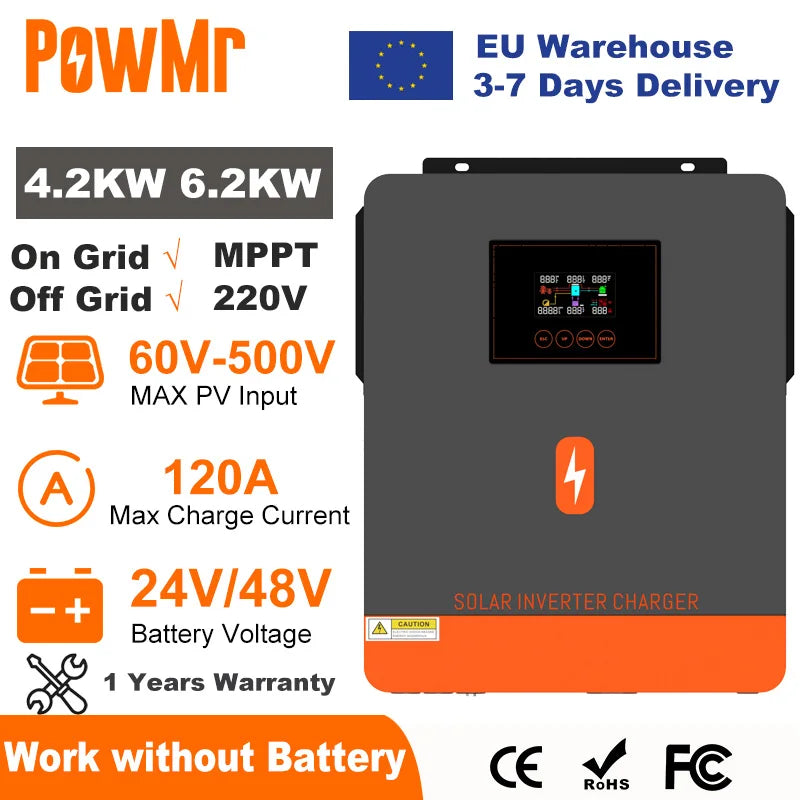 PowMr 6.2KW 4.2KW Hybrid Solar Inverter On Grid Pure Sine Wave