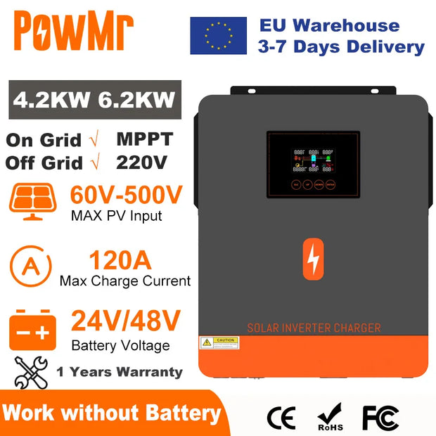 PowMr 6.2KW 4.2KW Hybrid Solar Inverter On Grid Pure Sine Wave