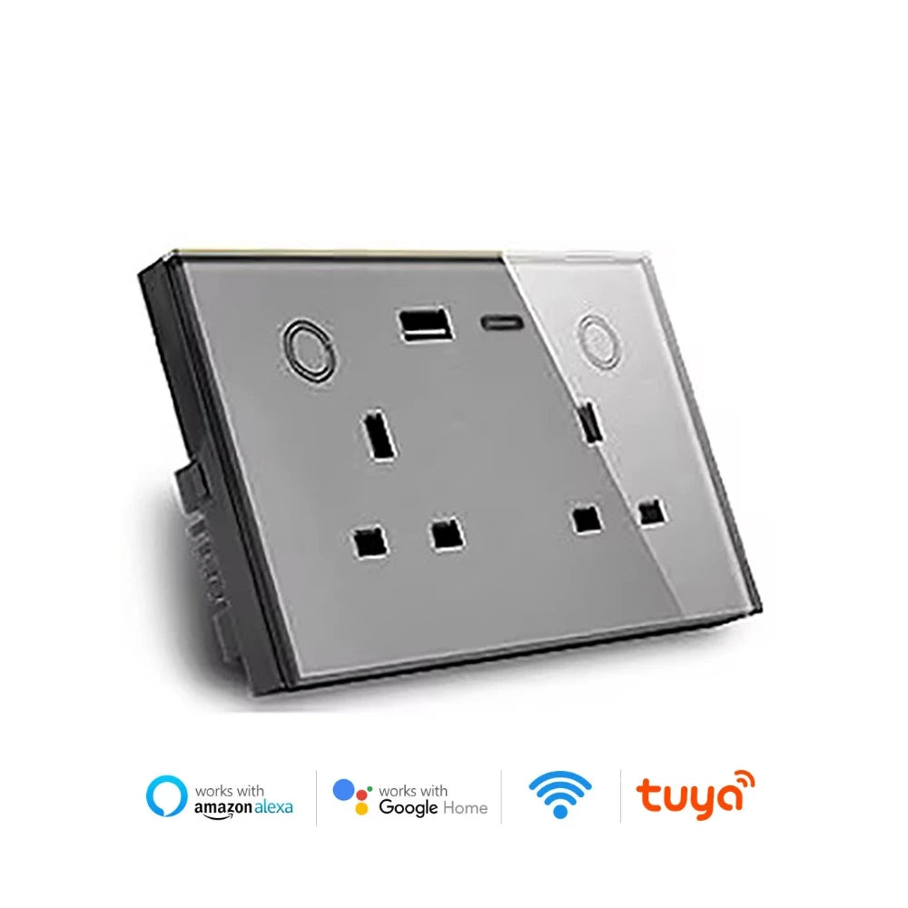 WIFI Smart Tuya Dual Wall Socket UK Electric Plug Outlet Power Monitor USB PD 20W