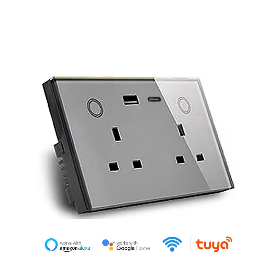 WIFI Smart Tuya Dual Wall Socket UK Electric Plug Outlet Power Monitor USB PD 20W