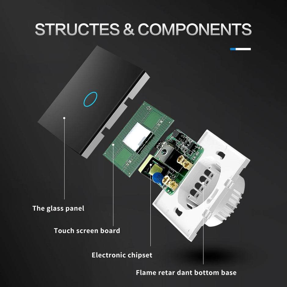 BONDA wall switch, EU standard, white crystal, tempered glass panel, touch switch, wall touch screen, Ac220v, 1 way, wall lamp