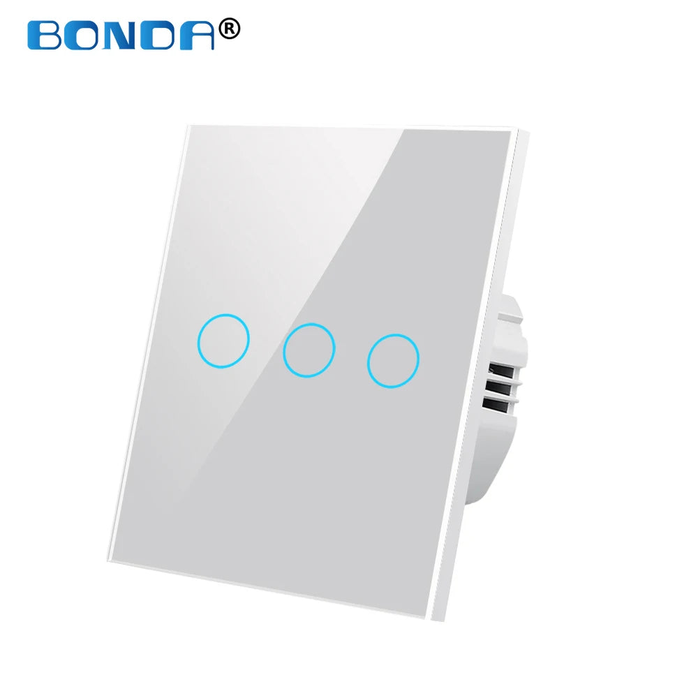 BONDA wall switch, EU standard, white crystal, tempered glass panel, touch switch, wall touch screen, Ac220v, 1 way, wall lamp