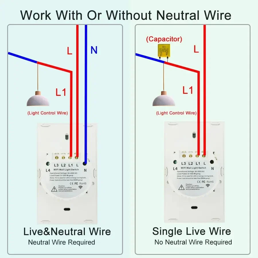 Tuya Smart Switches US Neutral Wire/No Neutral Wire Required 1/2/3/4 Gang
