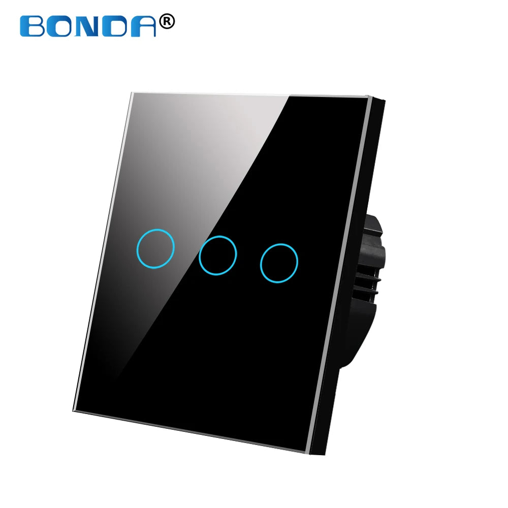BONDA wall switch, EU standard, white crystal, tempered glass panel, touch switch, wall touch screen, Ac220v, 1 way, wall lamp