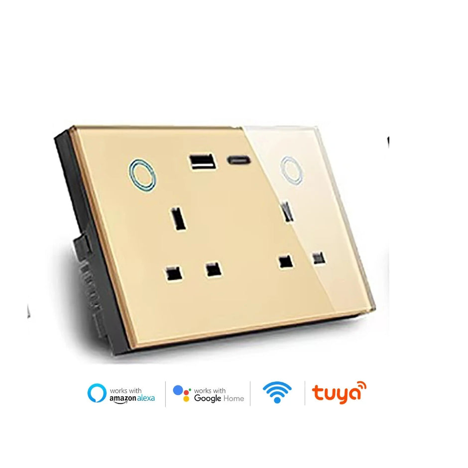 WIFI Smart Tuya Dual Wall Socket UK Electric Plug Outlet Power Monitor USB PD 20W
